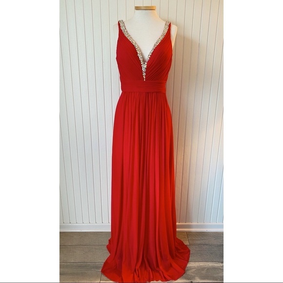 Jovani Dresses & Skirts - Jovani Red Long Gown Silver Sparkly Beading V-Neck Low Back Size 10